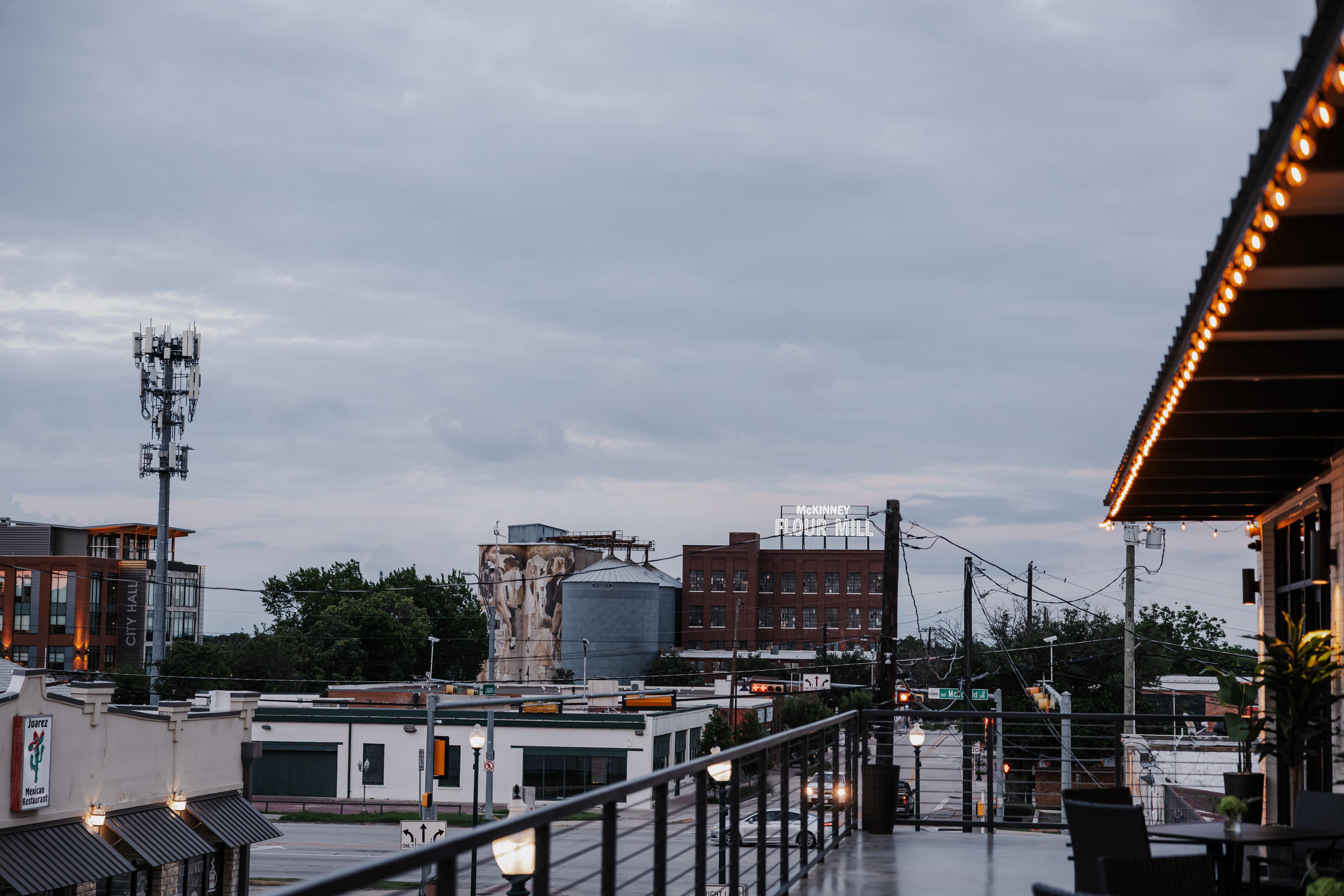 The Chestnut Hall balcony overlooking the historic flour mill in downtown McKinney