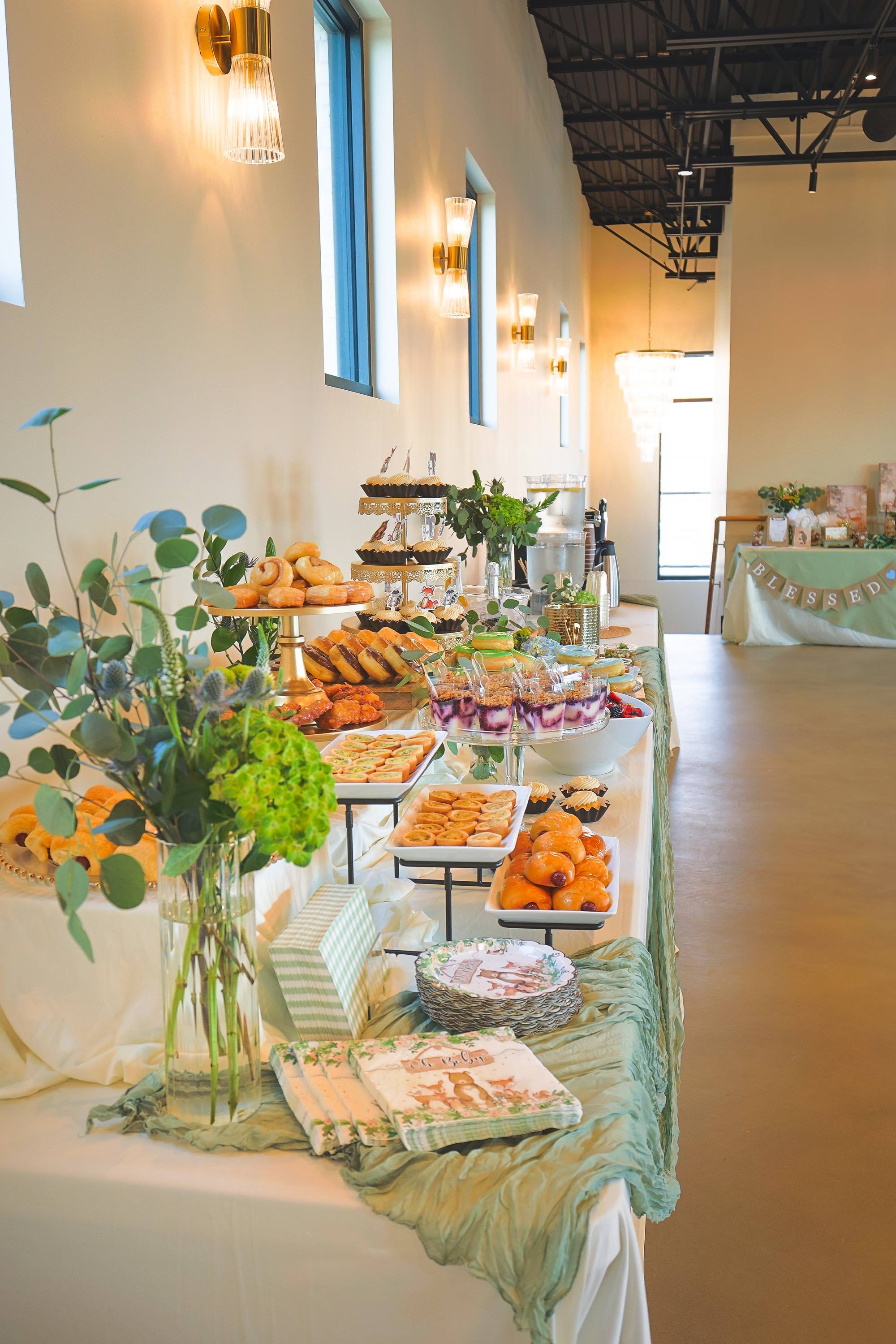 Brunch and dessert buffet table at a baby shower at The Chestnut Hall