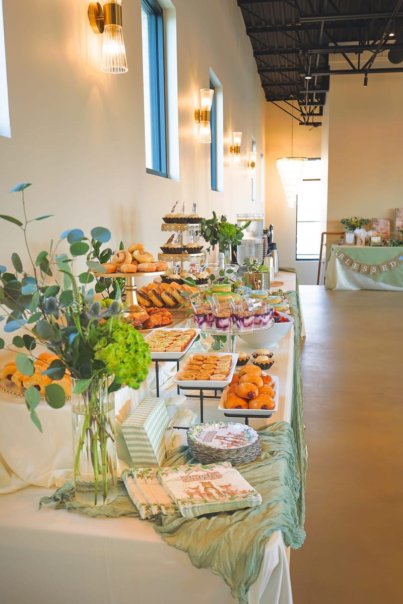 Brunch and dessert buffet table at a baby shower at The Chestnut Hall
